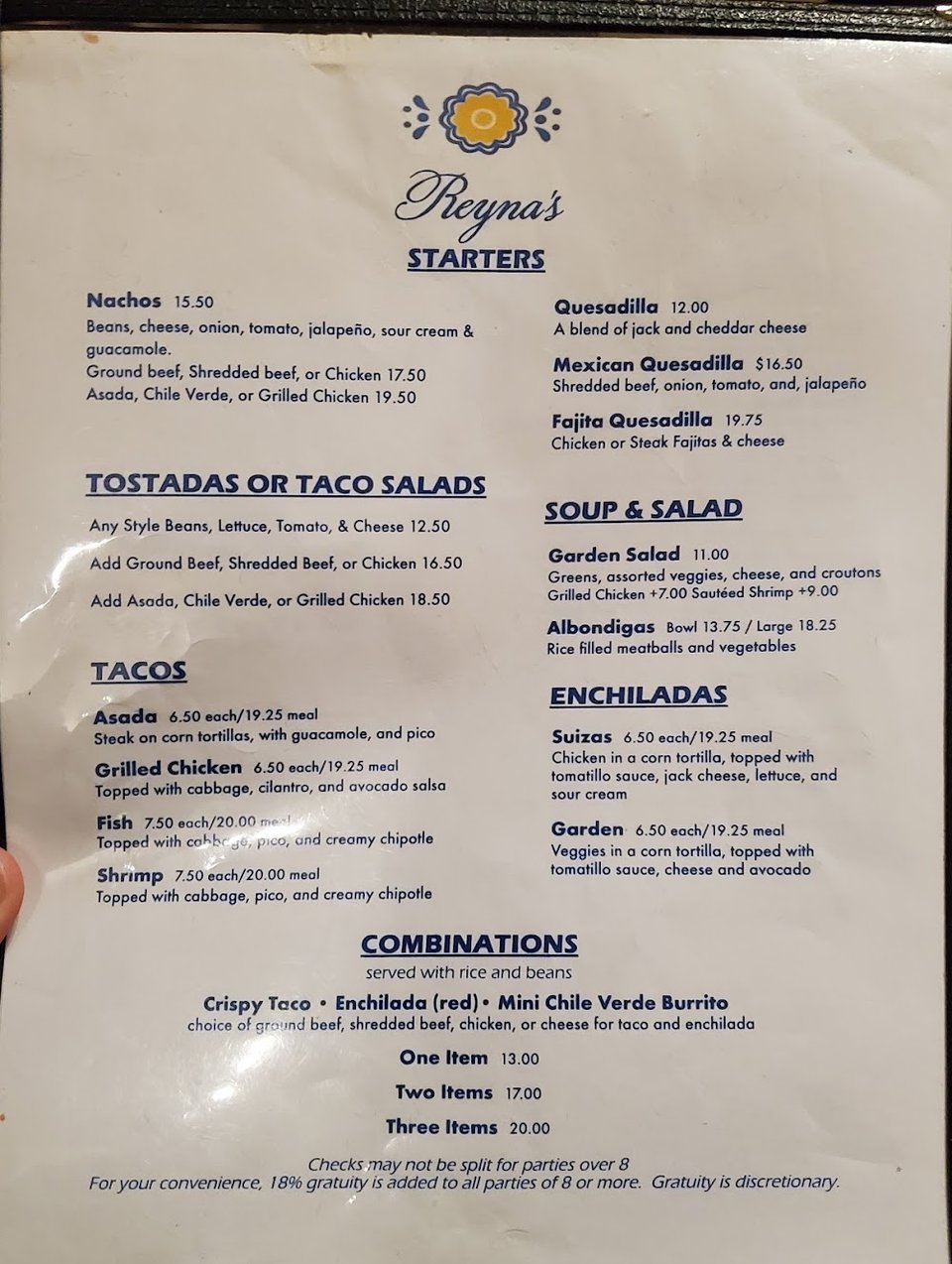 Restaurant menu listing familiar Mexican dishes.
